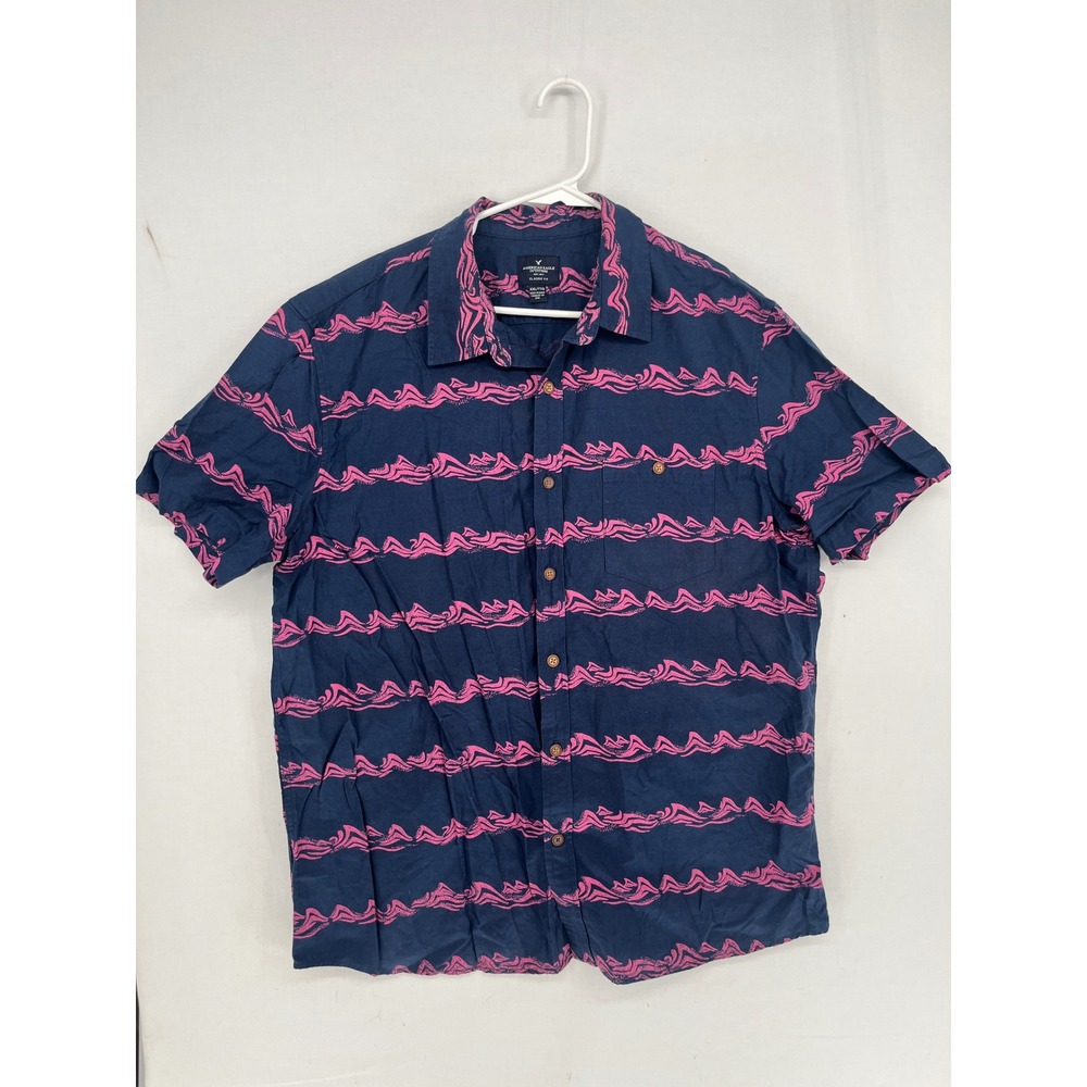 American Eagle Outfitters Mens XXL Blue Pink Wave Print Button Down Shirt XXL